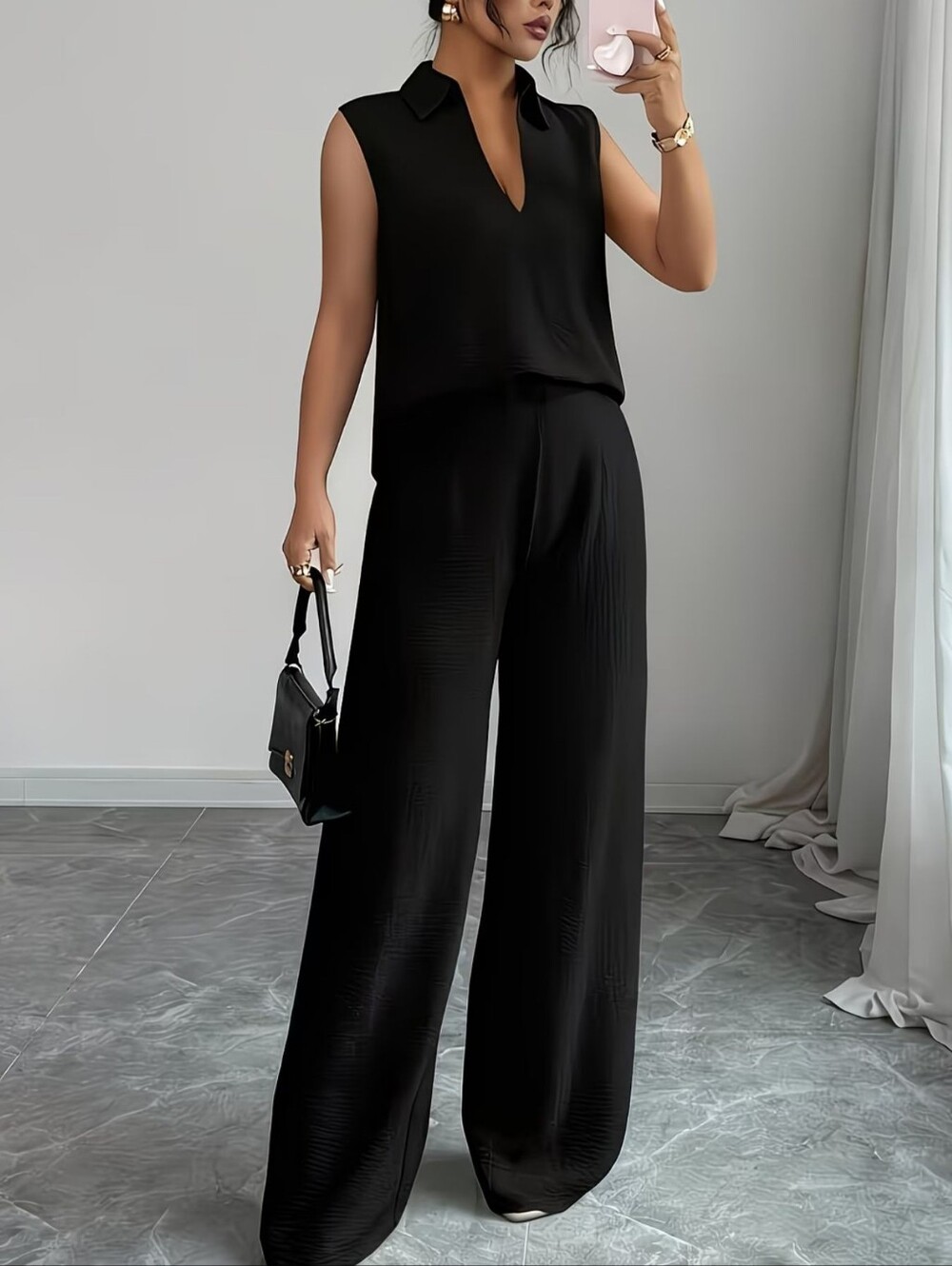 Sleeveless V-Neck Top And Wide Leg Pants Set- Black